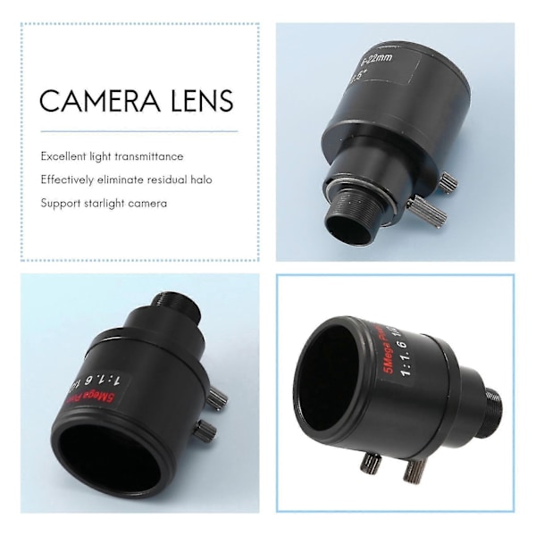 CCTV-objektiv 1/2,5 tum 6-22mm 5MP M12-fäste Variabelt objektiv F1.6 kompatibelt med 4MP/5MP CMOS/CCD-sensor Säkerhet-B16