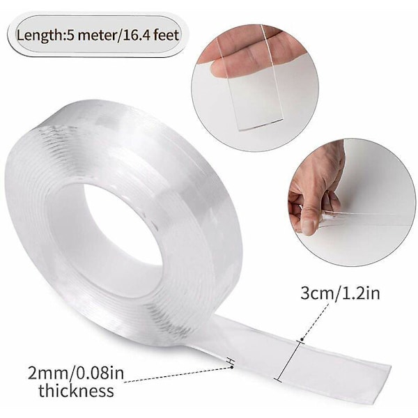 Spårlös Tvättbar Tejp, Dubbelsidig Nano Halkfri Tejp Transparent Spårlös Tejp Tvättbar Återanvändbar Flyttbar Häftmassa för Hemmet 2MM*3CM*5M