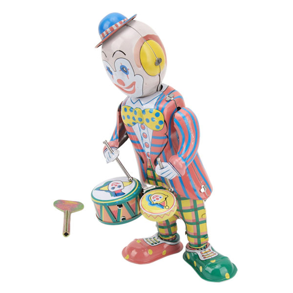 Retro mekanisk klovn i blik - trommeslagerfigur - vintage klovnelegetøj til børn - dekoration til skrivebord - festgave