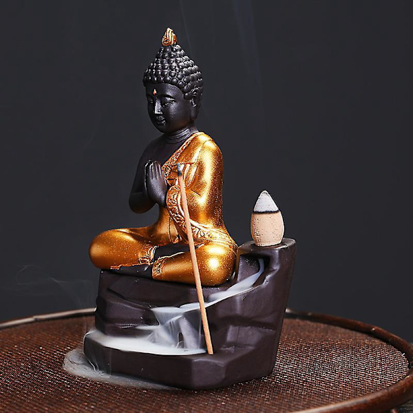Gylden Buddha Tilbageflydende Røgelsebrænder med Kaskaderende Kegler Hjemmedekoration Statue Ornament Gave