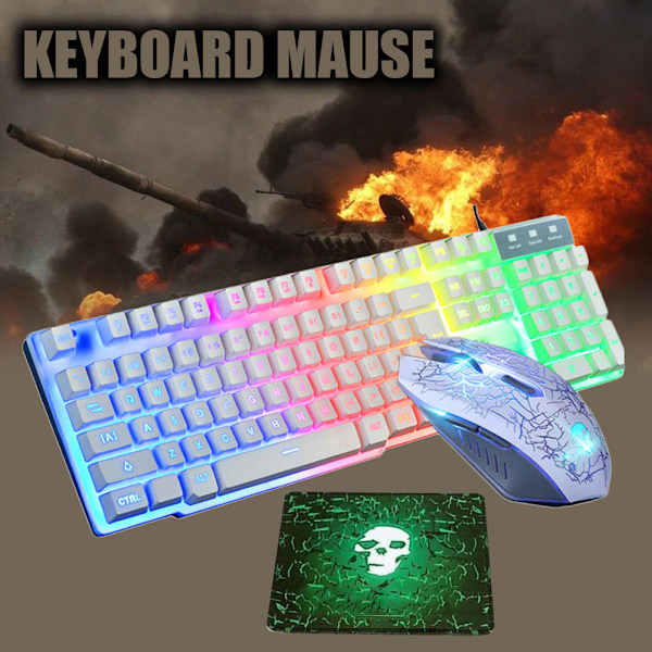 LED-bakgrunnsbelyst spilltastatur PC bærbar ergonomisk 104 taster USB spill kablet tastatur musematte sett