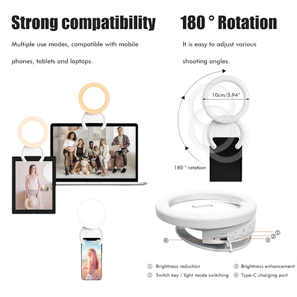 Selfie Ring Light Circle 180° Roterende Mini Fyldlys USB Genopladelig 3 Lystilstande Clip på Ring Light til Mobiltelefon Fotografering Video