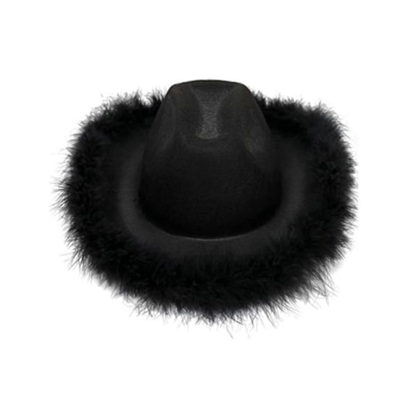 Cowgirl Hat med Fjerboa Fluffy Fjer Kant Voksen Størrelse Cowboy Hat til Polterabend (Sort)