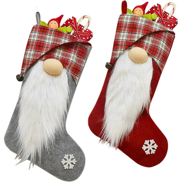 2-pack 18 tum Flanell Julstrumpor - Tomte med luva - Hängande presentpåse - Julgransprydnader - Grå