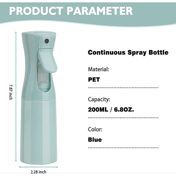 Kontinuerlig Sprayflaska 200 ml (blå-2-pack), Mister Sprayflaska för Hår, Fin Mist Vattensprayflaska för Salonger, Hårstyling, Växter, Hudvård