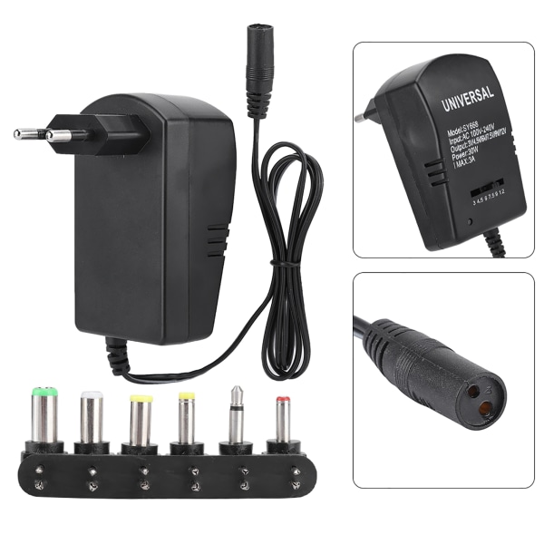 Universal 30W 3V-12V justerbar spændingsstrømadapter med 6 stik (EU-stik 100-240V)