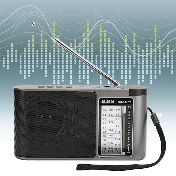 Bærbar Bluetooth 4.0 radiomottaker med flere bånd og manuell innstilling med teleskopantenne, grå