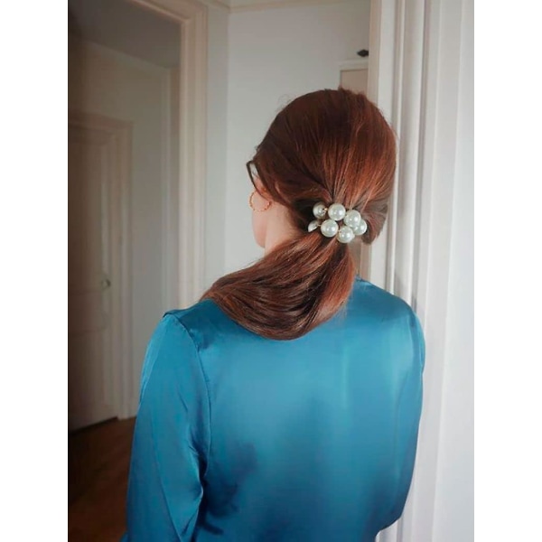 White Pearl Hair Scrunchies 2-pack för kvinnor och flickor - Elastiska hästsvanshållare och hårband