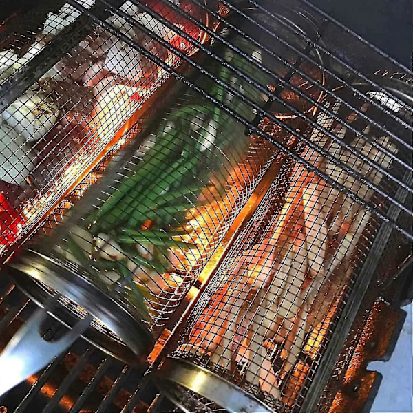 Pyöreä BBQ-häkki Grilli Uuni Sylinterimäinen Grillauskori Verkko Pyörivät Grillaustyökalut 304 Ruostumaton teräs (suuri koottu (30*9))