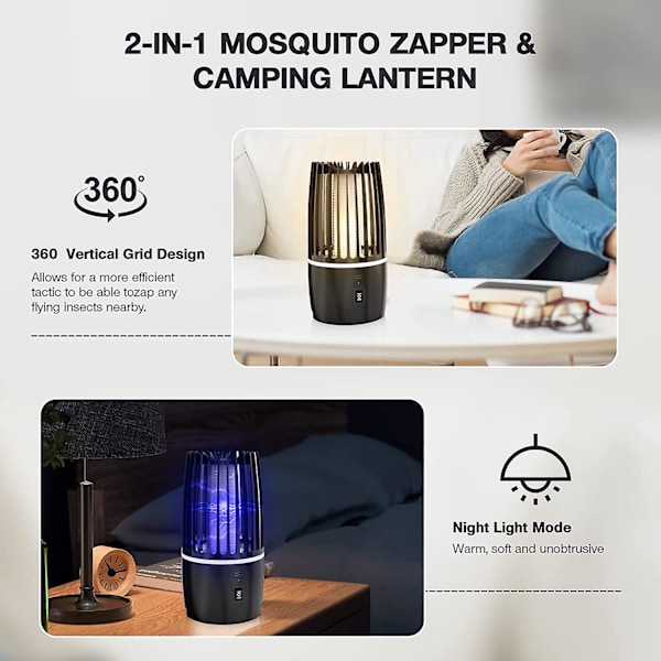 Elektrisk myggdödande lampa, USB-uppladdningsbar flugfälla - Bug Zapper med 360° UV-attraktion, 4000mAh