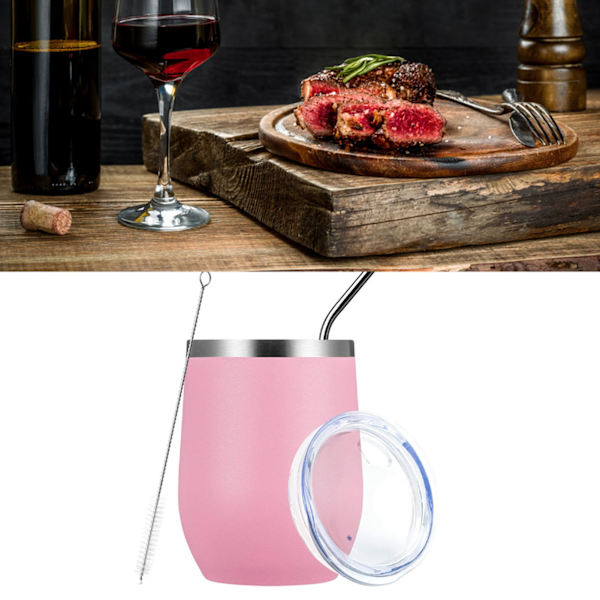 12oz 304 Rostfritt Stål Äggskalskopp Set U-formad Stor Mag Värmeisoleringskopp med Sugrör Koppslock Borste Rosa