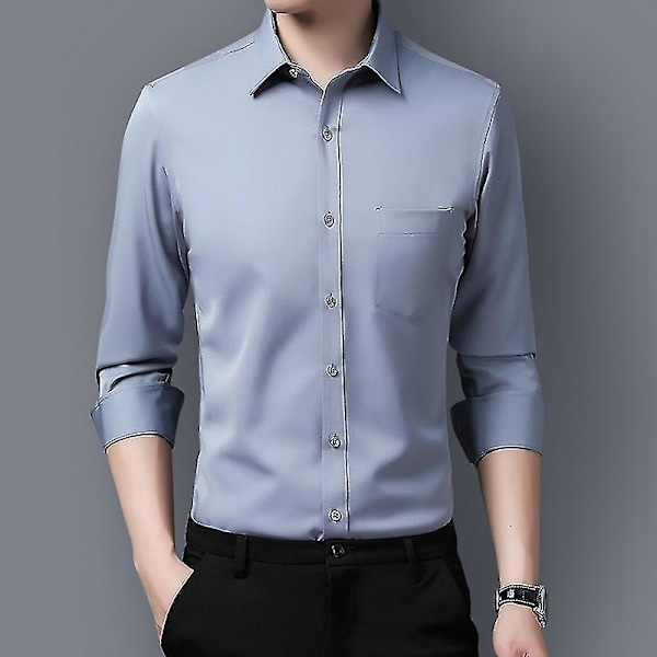 Smallast Slim Fit Solid Färg Män Herrkläder Långärmad Skjorta - Grå