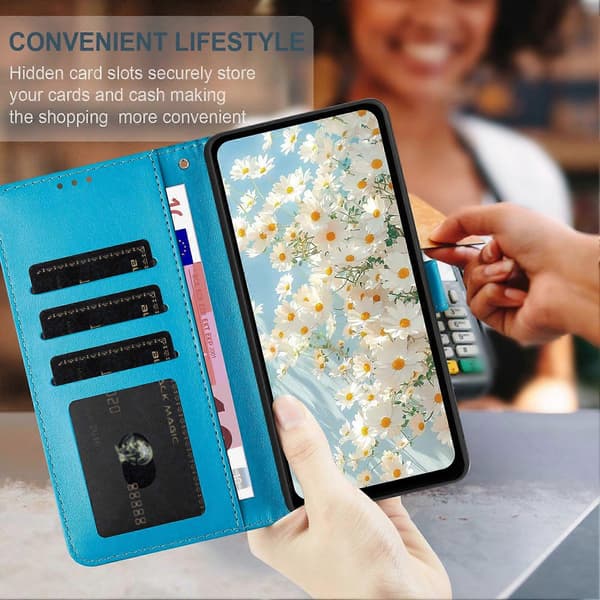 Leather Case with Embossed Daisy Pattern, Wallet Stand, Protective Phone Cover for Samsung Galaxy A56 5G Baby Blue