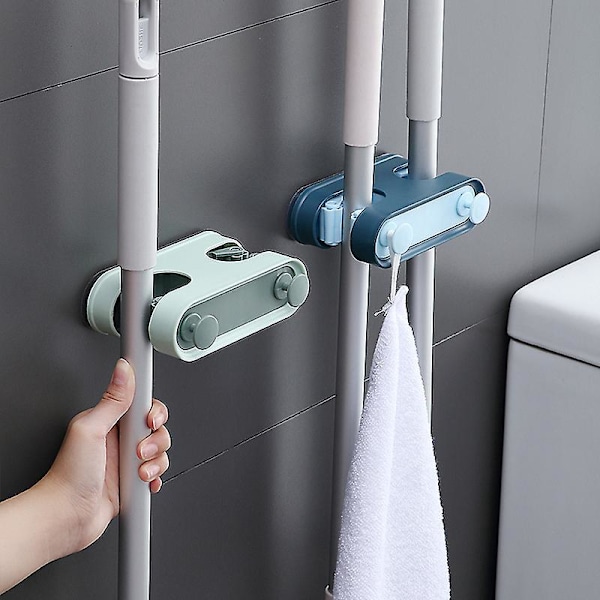 2-pack väggmonterad mopphållare, borrfri limmad kvastklämma med krokar för kök, badrum, trädgård