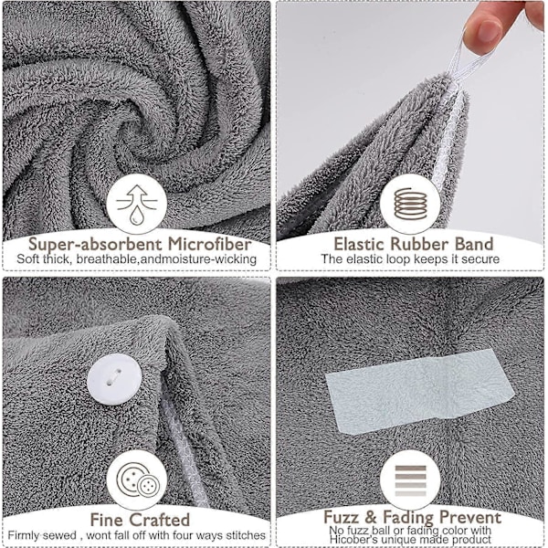 3-pack Superabsorberande Mikrofiber Handdukar med Knappar för Torrt Hår (Grå, Rosa, Blå)