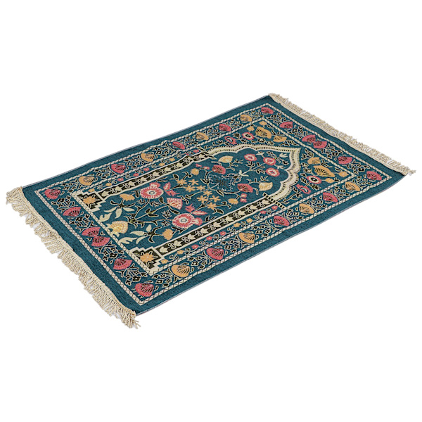 Muslimsk bönematta bärbar utsökt broderad blommig design etnisk dyrkan matta blå