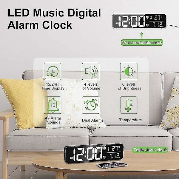 Digital väckarklocka, LED-väckarklocka, digital spegelväggklocka, stora siffror (Batterier ingår ej)