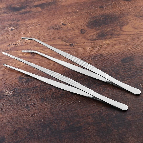 2-pack rostfria raka och böjda pincetter för reptiler, ormar, ödlor, spindlar (silver)