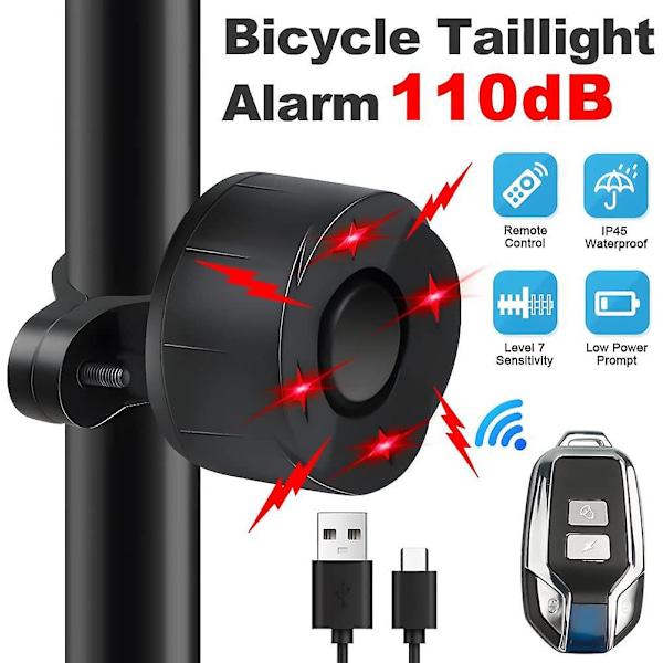 Laddningsbar cykelalarm - 110db Hög Larm mot Stöld för Elcyklar Smart Alarm - Rörelsesensor - Vattentät - 4 Lägen & 7 Nivåer