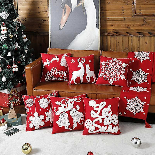 Christmas1 Juleputevar i Lin med Snøfnuggmønster Dekorativt Broderi Soverom Putetrekk Stue Kontorer Kafé Balkong Sofa