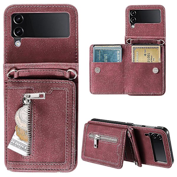 Til Samsung Galaxy Z Flip4 5g Etui Kortholder Pu Læder Støtteben Telefon Cover Med Håndrem-B6 Vinrød