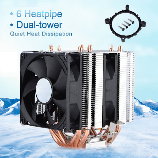 Tyst 4-stifts CPU-kylare med 6 värmerör, dubbeltorns luftkylning, 800-2200 varv/minut