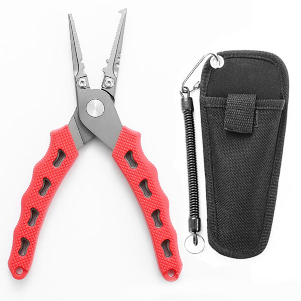 Fiskepliers i rostfritt stål, japansk typ, bärbar multifunktionell fiskepliers med Oxford-tygkasse för utomhusbruk, röd