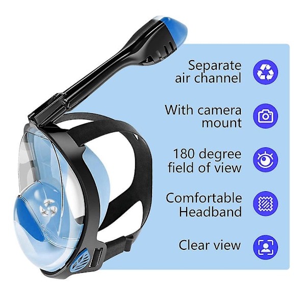 180 Graders Full Face Snorkelmaske Anti-Dugg Anti-Lekk Voksen Snorkling Utstyr med Siste Tørr Topp Pustesystem S/M