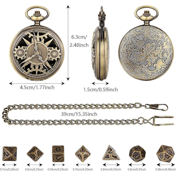 Mini DND Tärningsset med Steampunk Brons Ihåligt Fodral för Fickur, 7st Polyedriska Metalltärningar, Dungeons and Dragons Gåvor