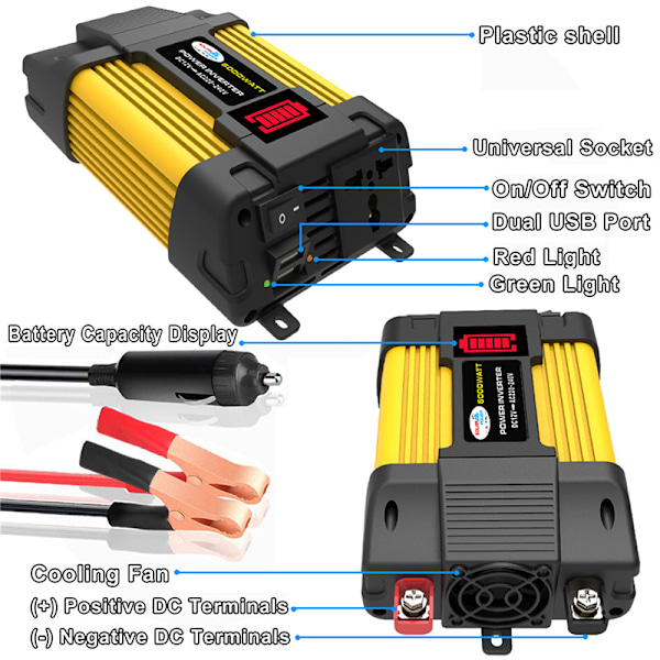 2 USB-portin laturi-invertteri LED-näytöllä, reaaliaikainen näyttö, hiljainen virtainvertteri autoon DC12V‑AC220V 6000W