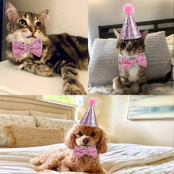 Pink, 2 stk. Fødselsdagshat til kæledyr, hunde- og kattehat med paillet-butterfly, festkostume, fødselsdagshat til kæledyr, hunde og katte, fødselsdagssæt
