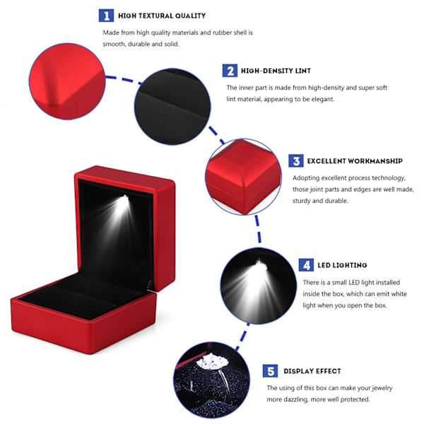Moderigtigt LED-oplyst Ring Opbevaringsboks Smykker Display Etui Gave Rød