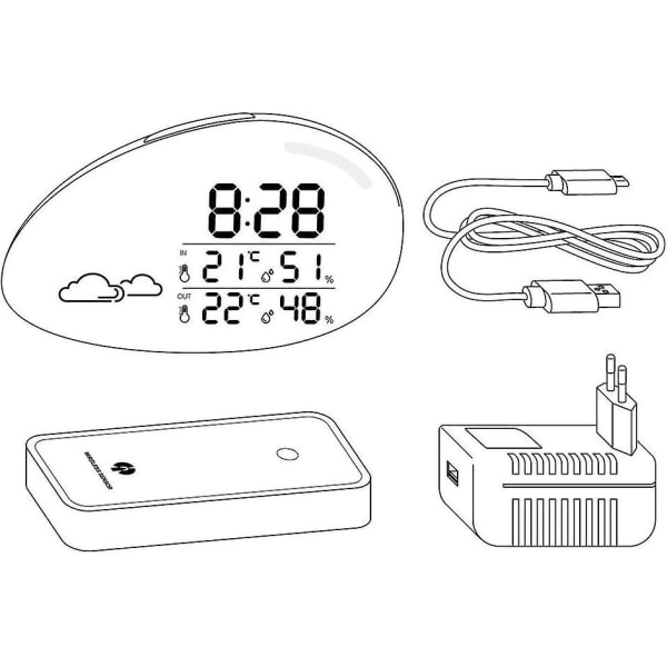 Trådløs værstasjon med utendørs og innendørs temperatursensor, værmelding, fuktighet, farge LED-skjerm og vekkerklokke