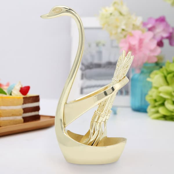 Mode Elegant Kaffe Dessertsked Bestickset med Svanhållare Hushållsbestick Guld