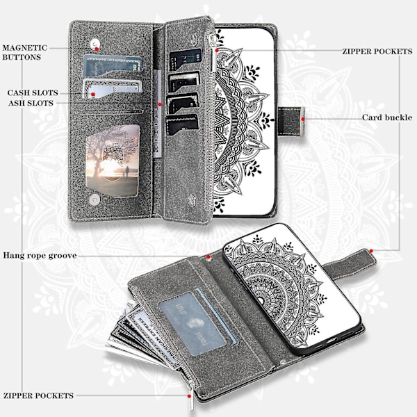 Til Samsung Galaxy A54 5G PU Læder Mandala Blomst Præget Håndtaske Lynlåslomme Etui Stativ Flere Kort Slots Flip Cover med Rem-B6 Grå