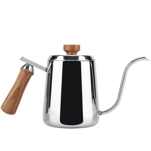 Kaffekande i 304 rustfrit stål med træhåndtag og lang svanehalstud (600 ml)