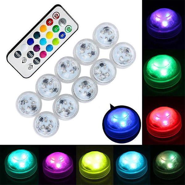 10 kpl vedenpitävät mini-uptettavat LED-valot kaukosäätimellä uima-altaalle, lampille ja akvaariolle - RGB-monivärinen vedenalainen valaistus