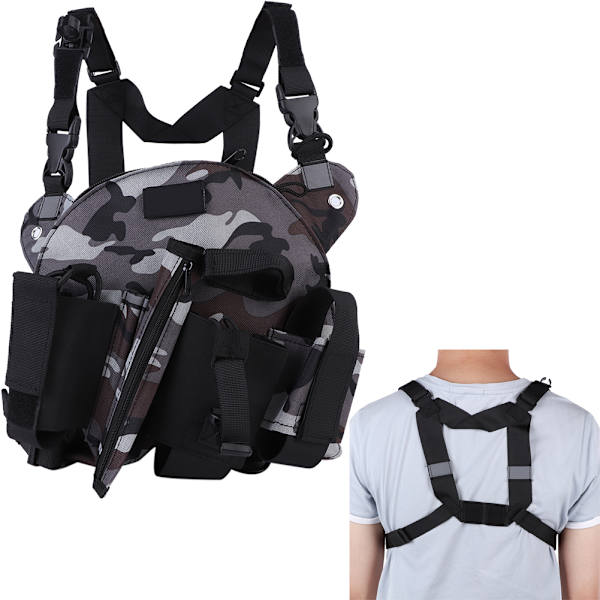 Radio sele sele frontpakke pose hylster walkie talkie vest rig bærepose udendørs grå camouflage