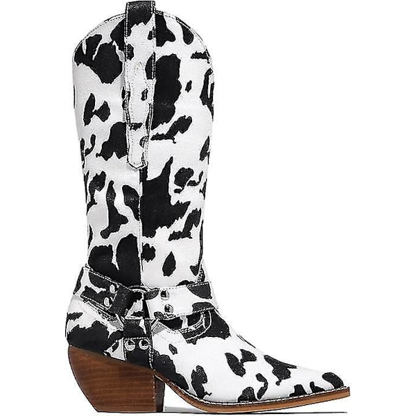 Cow Print Chunky Heel Mid Calf Cowgirl Boots36 black