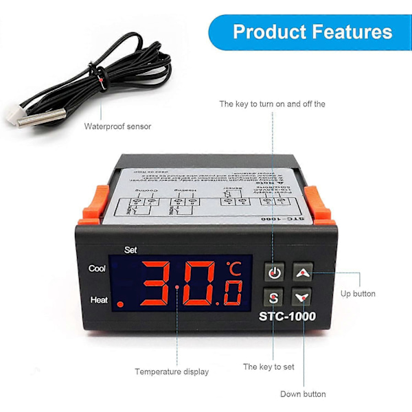 STC-1000 Digital Temperaturregulator 10A LED Display Temperaturregulator Termostat med Sensor (DC 12V)