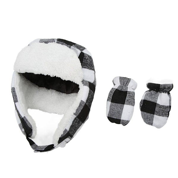 Baby Hat Gloves Set Infant Toddler Stylish Black White Plaid Winter Soft Plush Warm Keeping Hat Mitten