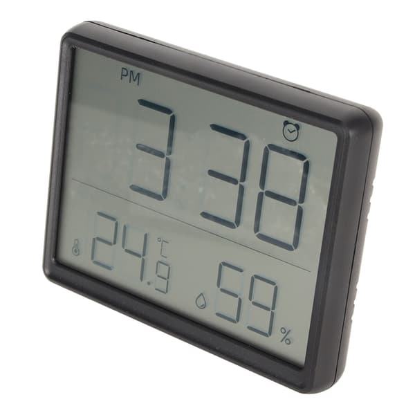 Digital väckarklocka med temperatur- och luftfuktighetsdisplay, väggmonterad digital klocka med stativ, magnetisk baksida, svart