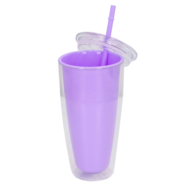 Dubbelväggig mugg med lock och sugrör 750 ml Dubbelväggig mugg Stor kapacitet Vattenflaska Bred öppning Splittersäker Lila
