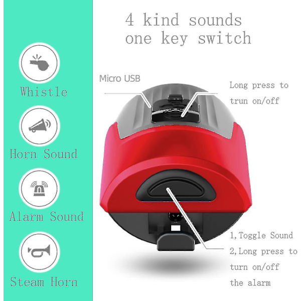 Uppladdningsbar elektrisk cykeltuta - 4 ljudlägen, 100-125db, stöldskyddad vattentät klocka röd