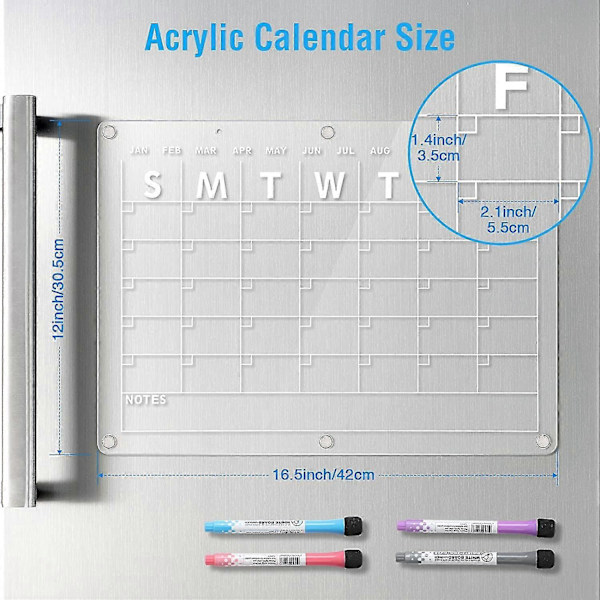 Akryylinen magneettinen pyyhittävä kalenteri jääkaappiin, 41,9 x 30,5 cm kirkas pyyhittävä kalenteri jääkaappiin, magneettinen suunnittelukalenteri sisältää 4