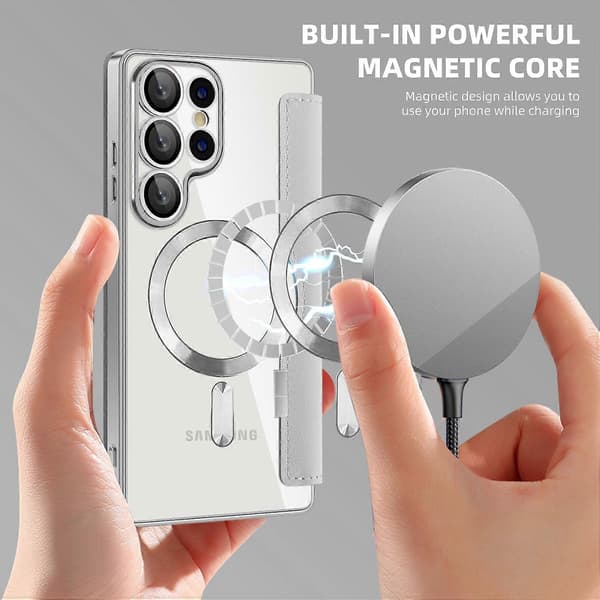 For Samsung Galaxy S25 Ultra Case Compatible with MagSafe RFID Blocking Leather Phone Cover Silver Silver Silver
