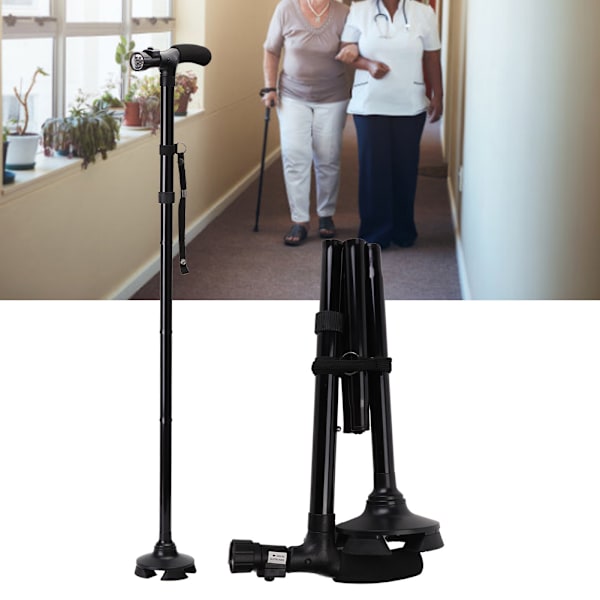 Hopfällbar Anti-slip Vikbar aluminiumlegeringsrör Elder Safety Walking Stick med LED-ljus