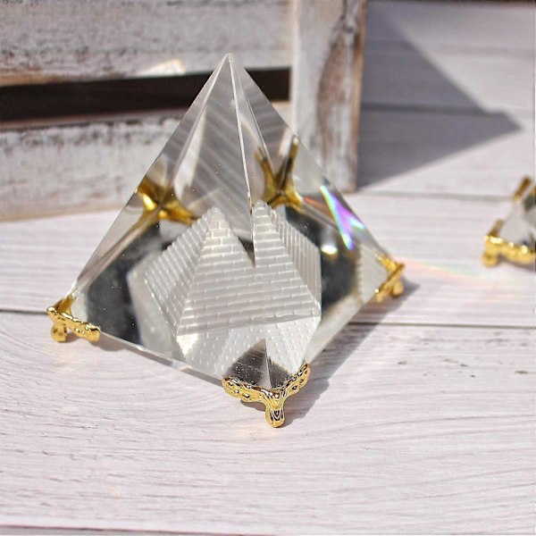 Kristallpyramid Prisma, Feng Shui Hantverk Meditation Kristall med Guldstativ för Hemmakontor Konstdekor