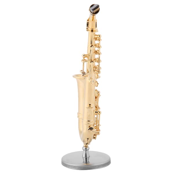 Miniatyr altsaksofonreplika med stativ og etui, gullbelagt instrumentmodellornamenter