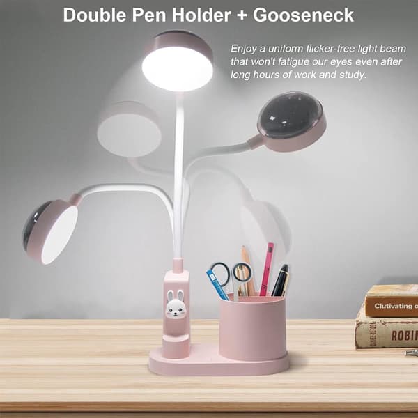 Børneskrivebordslampe, studiebordslampe med penholder, automatisk pink